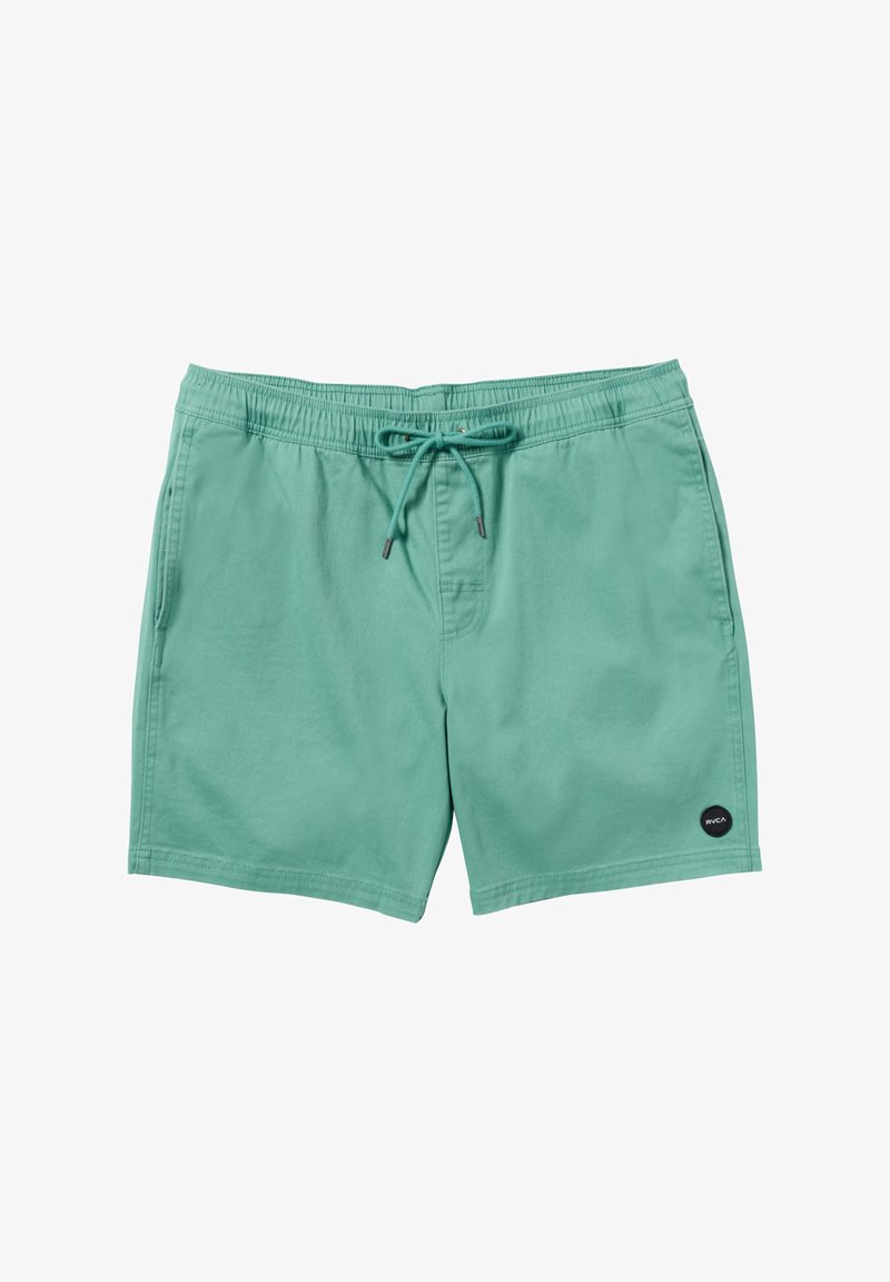 Teal swim shorts made of cotton blend with an elastic waistband and drawstring. Features a small black logo on the lower front.