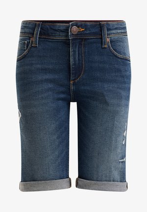Mørkeblå denimshorts med rullede manchetter, frontknap og lynlås, to frontlommer og subtile slidte detaljer på lårene.