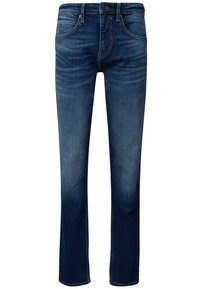 Dunkelblaue Jeans aus Denim mit geradem Schnitt, fünf Taschen-Design, sichtbare Nähte und klassischer Reißverschluss.