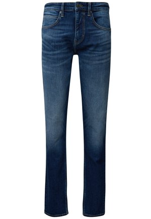 Donkerblauwe denim jeans met een rechte snit, voorzien van een vijf-pocket ontwerp, zichtbare stiksels en een klassieke ritsgulp.