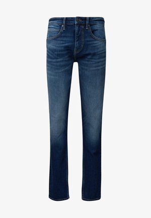 Donkerblauwe denim jeans met een rechte snit, voorzien van een vijf-pocket ontwerp, zichtbare stiksels en een klassieke ritsgulp.