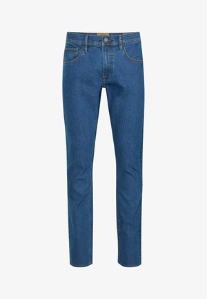 Dark blue denim jeans with a straight-leg design, five pockets, a button closure, and contrasting stitching along the seams.