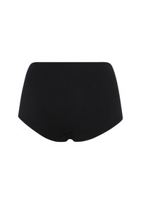 Hoge zwarte slips van gladde stof, met een naadloos ontwerp en strakke lijnen, plus een subtiele V-vormige achterkant.