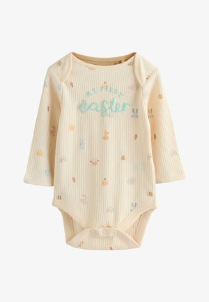 Dječji bodi dugih rukava u krem boji rebraste teksture s usklađenim pastelno obojanim uskršnjim motivima i natpisom "My First Easter" u svijetloplavoj vezenoj teksturi sprijeda.