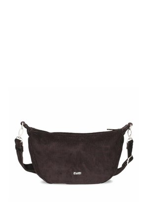 Kleine schwarze Cord-Schultertasche mit verstellbarem Riemen und silbernen Verschlüssen, mit dem Markennamen „Zwei“ auf der Vorderseite.