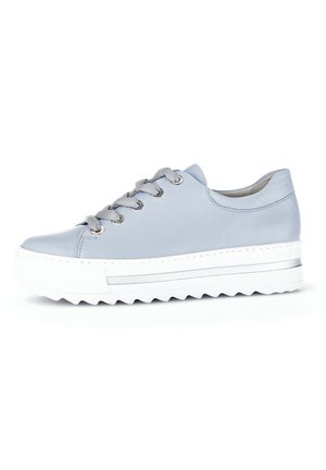 Baskets en cuir bleu clair avec des accents en métal argenté, lacets à six œillets, épaisse semelle blanche et texture en zigzag au bas.
