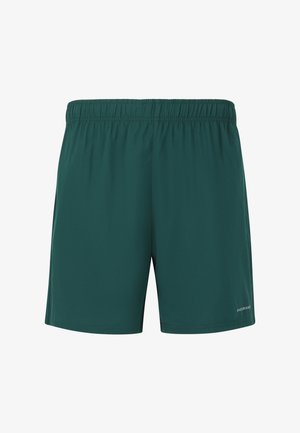 Gröna sportshorts med resår i midjan, lättviktsmaterial och en slät yta. Inga fickor eller synliga mönster. Logotyp på sidan.