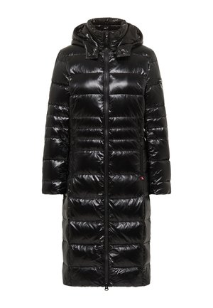 Czarna puchowa kurtka z błyszczącym wykończeniem, z kapturem, zamkiem błyskawicznym i pikowanym wzorem. Posiada boczne kieszenie oraz regulowany dół.
