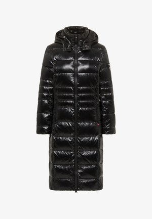 Czarna puchowa kurtka z błyszczącym wykończeniem, z kapturem, zamkiem błyskawicznym i pikowanym wzorem. Posiada boczne kieszenie oraz regulowany dół.