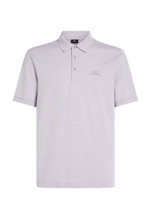 Pale lavender polo shirt made of textured fabric, featuring a three-button placket and a subtle embroidered logo on the chest.