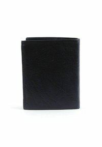 Portefeuille en cuir noir avec une texture lisse, de forme rectangulaire et au design minimaliste. Présente des bords cousus et un motif grainé subtil.