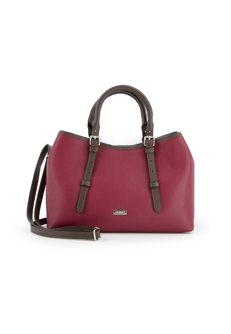 Red leather handbag with brown accents, double top handles, and a detachable shoulder strap; features a smooth texture and a sleek design.
