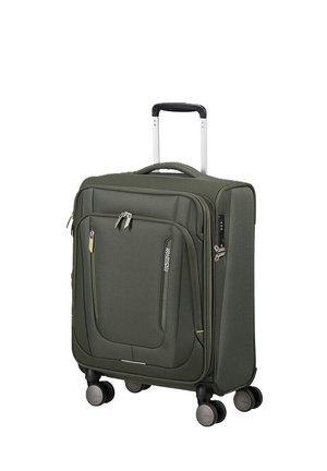 Valigia morbida verde scuro con manico telescopico, quattro ruote girevoli, tasche frontali con zip e lucchetto a combinazione integrato.