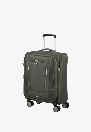 Valigia morbida verde scuro con manico telescopico, quattro ruote girevoli, tasche frontali con zip e lucchetto a combinazione integrato.