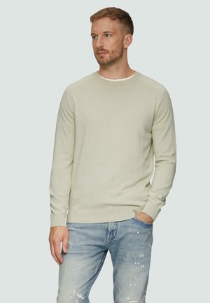 Hellgrüner Pullover mit rundem Ausschnitt und langen Ärmeln, aus weichem Material. Getragen über hellblauen, stark abgenutzten Jeans.