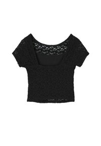 Haut court noir en dentelle texturée avec des manches courtes et un col rond, présentant une doublure noire unie sous la dentelle.