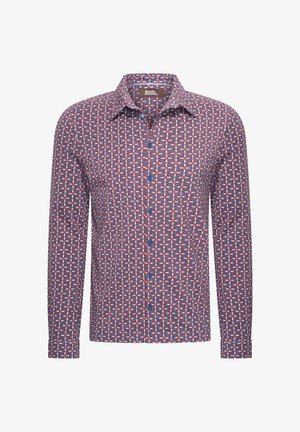 Langsleeve overhemd in bordeauxrood met een geometrisch blauw-wit patroon, blauwe knopen en een puntige kraag. Gemaakt van stof met een gladde textuur.