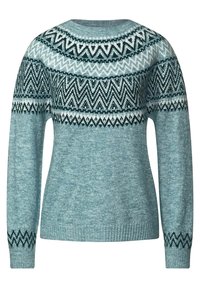 Pull tricoté en bleu sarcelle clair avec un empiècement orné de motifs géométriques en marine et blanc. Manches longues avec poignets côtelés.