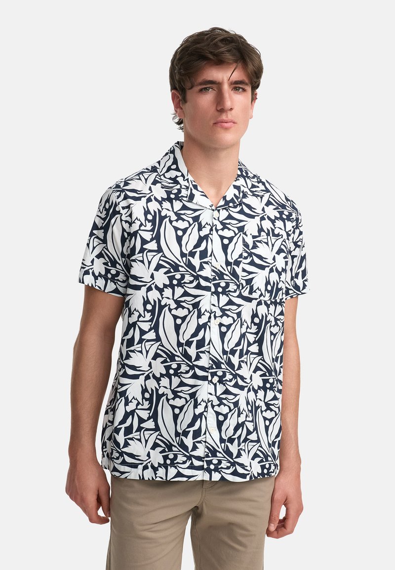 Camicia a maniche corte con bottoni in blu navy e bianco, caratterizzata da un motivo floreale, colletto a revers e tessuto leggero con vestibilità rilassata.