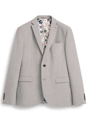 Blazer gris claro con solapa de muesca, dos bolsillos frontales y un bolsillo en el pecho. El forro con estampado floral presenta acentos en azul y rojo.