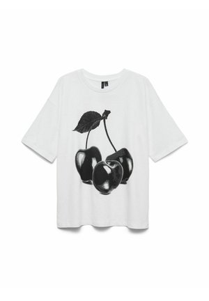 White cotton t-shirt featuring a black graphic of three cherries with leaves. Short sleeves and a relaxed fit.