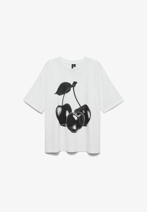 White cotton t-shirt featuring a black graphic of three cherries with leaves. Short sleeves and a relaxed fit.