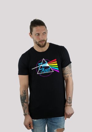 Black t-shirt featuring a colorful Pink Floyd design with a prism and light beams. Cotton material with a round neckline and short sleeves.