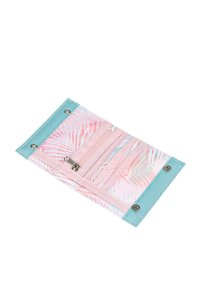 Palm-patterned wallet in pink and blue, featuring multiple card slots, a zippered pocket, and snap closure. Soft fabric with smooth texture.