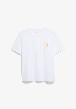 White cotton t-shirt featuring a small yellow daisy embroidery on the left chest. Classic crew neck and short sleeves.