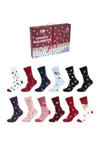 Kalendarz adwentowy w formie pudełka zawierającego 24 pary skarpet w różnych kolorach i wzorach, w tym kwiaty, drzewa i motywy świąteczne.