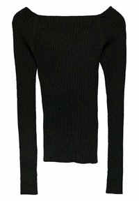 Schwarzes, geripptes Langarmoberteil mit einem schulterfreien Ausschnitt und figurbetonter Passform, aus dünnem, strukturiertem Material und mit schmalen Ärmeln.