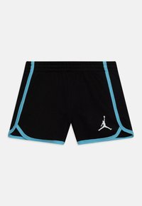 Pantaloni sportivi neri con accenti turchesi sui lati e logo Jordan bianco. Presentano una cintura elastica e un design dalla vestibilità comoda.