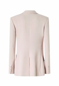 Svijetloružičasti sako s krojem, jedan prorez straga, dva bočna džepa i zatvaranje na četiri gumba na rukavima. Glatka tekstura tkanine.