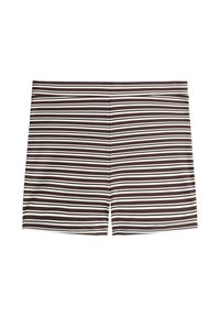 Shorts à rayures horizontales marron et blanc avec taille élastique, coupe ajustée, longueur au-dessus du genou.