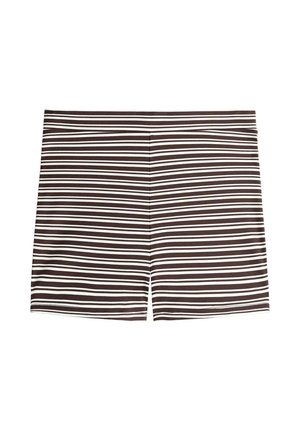 Brown and white horizontal striped elastic waistband shorts, fitted style, above knee length.