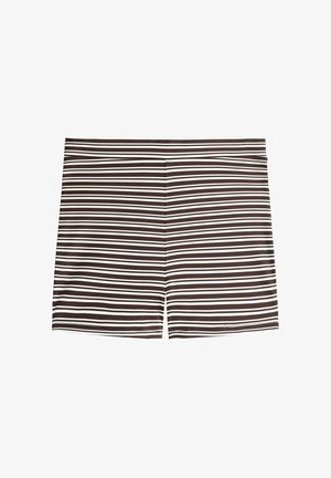 Shorts à rayures horizontales marron et blanc avec taille élastique, coupe ajustée, longueur au-dessus du genou.