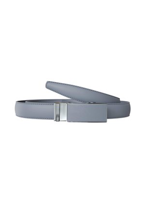 Light gray leather belt with a smooth rectangular silver buckle, slightly coiled on a white background.