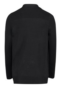 Svart tröja med ribbad krage och strukturerade ränder på övre ryggen. Slät tyg med stickade detaljer vid ärmsluten och nederkanten.