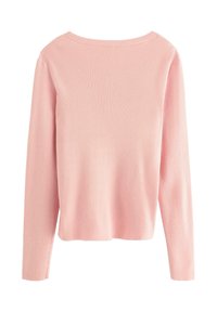 Różowy, prążkowany sweter z długim rękawem, z szerokim dekoltem i surowym wykończeniem hemu. Tkanina ma teksturowane wykończenie. Tył jest jednokolorowy, bez wzorów.