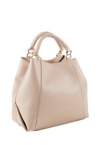 Borsa a mano in pelle beige con una forma strutturata, dotata di un manico imbottito, hardware in oro e una texture liscia e senza cuciture.