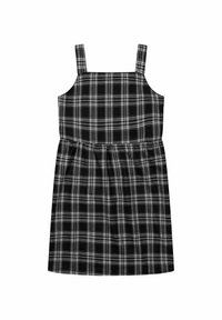 Robe sans manches en tartan noir et blanc avec décolleté carré et taille froncée, posée à plat sur un fond blanc.