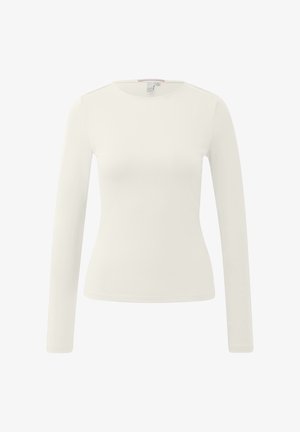 Cremefarbene, enganliegende Langarmshirt mit Rundhalsausschnitt und glatter Textur, präsentiert vor weißem Hintergrund.