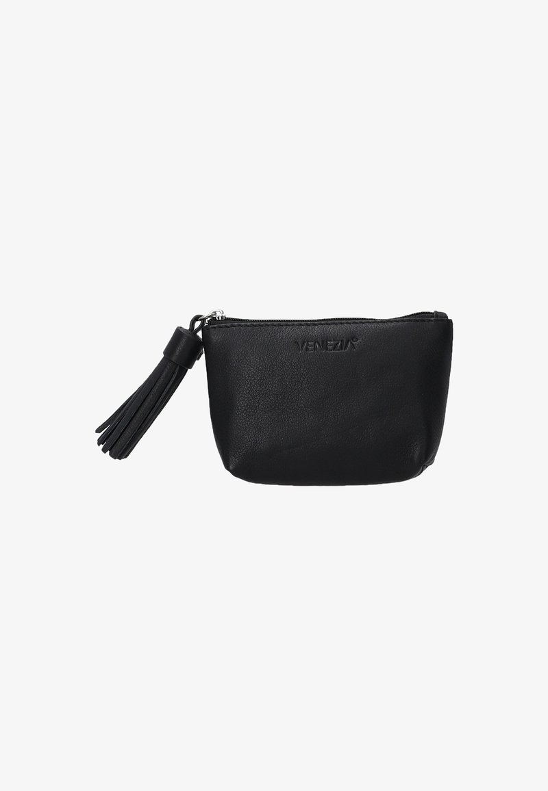 Pochette en cuir noir avec une finition texturée, dotée d'une fermeture à glissière et d'un pompon décoratif. Design simple, compact et fonctionnel.