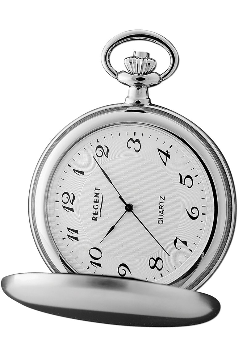 Montre de poche en quartz argenté avec un cadran blanc texturé, des chiffres arabes noirs et un couvercle articulé. Présente une couronne décorative sur le dessus.