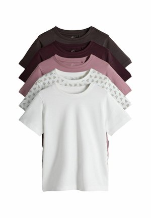 Set aus fünf T-Shirts mit kurzen Ärmeln und Rundhalsausschnitten. Die Farben umfassen Dunkelbraun, Burgunderrot, Hellrosa und Weiß mit floralen Akzenten.