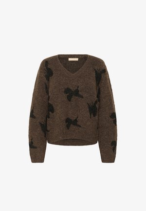 Brown sweater with a V-neck, featuring textured black bird patterns. Long sleeves and a cropped design. Soft, knitted material.