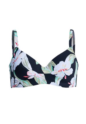 Μαύρο τοπ μπικίνι με λευκό και ροζ τροπικό φλοράλ μοτίβο και λεπτές ρυθμιζόμενες τιράντες ώμου.