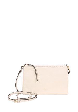 Cream-colored leather crossbody bag with gold zipper and adjustable strap, featuring subtle texture and small gold brand logo.