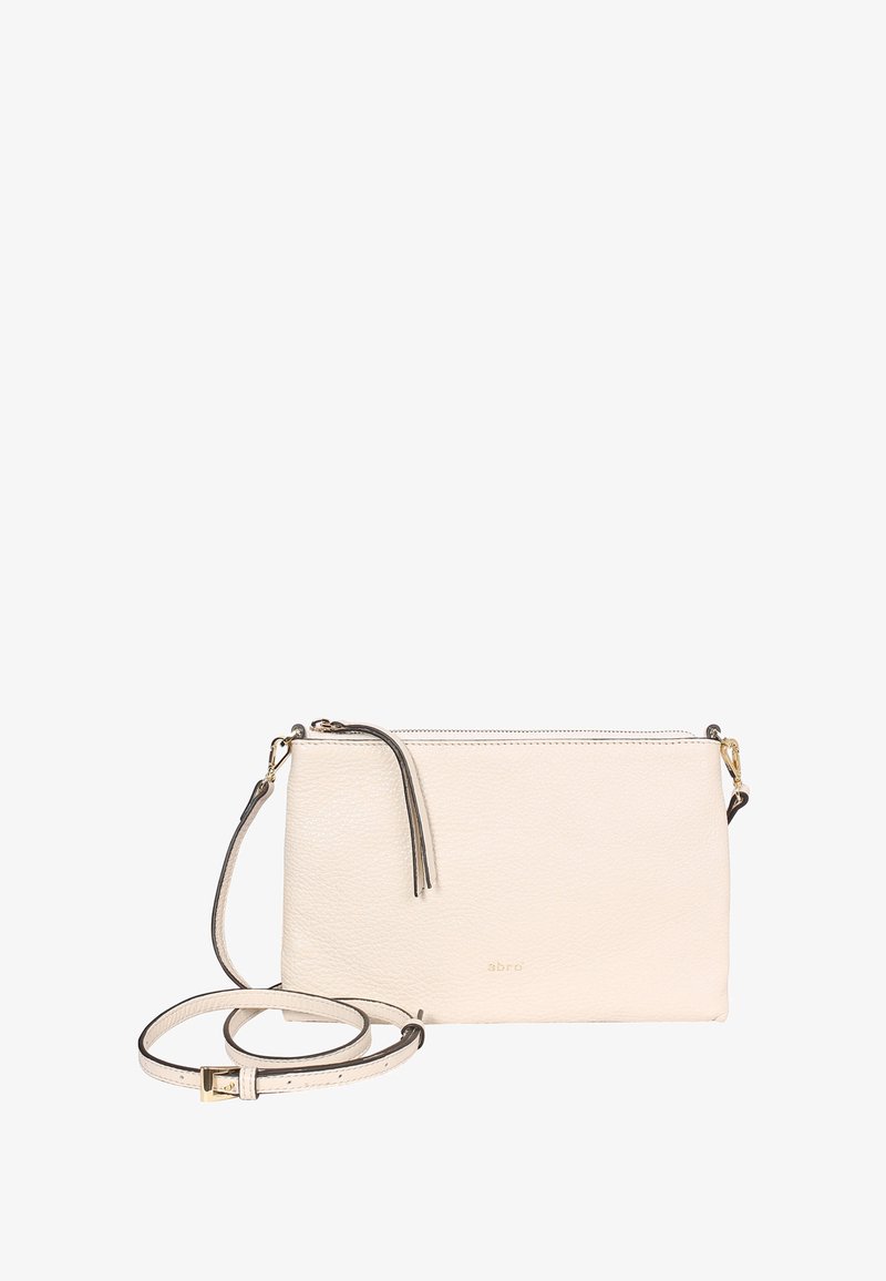 Cremefarbene Leder-Umhängetasche mit goldfarbenem Reißverschluss und verstellbarem Riemen, mit subtiler Struktur und kleinem goldfarbenem Markenlogo.