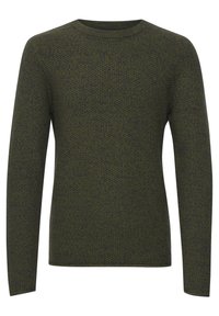 Mørkegrønn strikket genser med lange ermer, rund hals, teksturert mønster og ribbestrikkede mansjetter og kant. Laget av et mykt, varmt materiale.